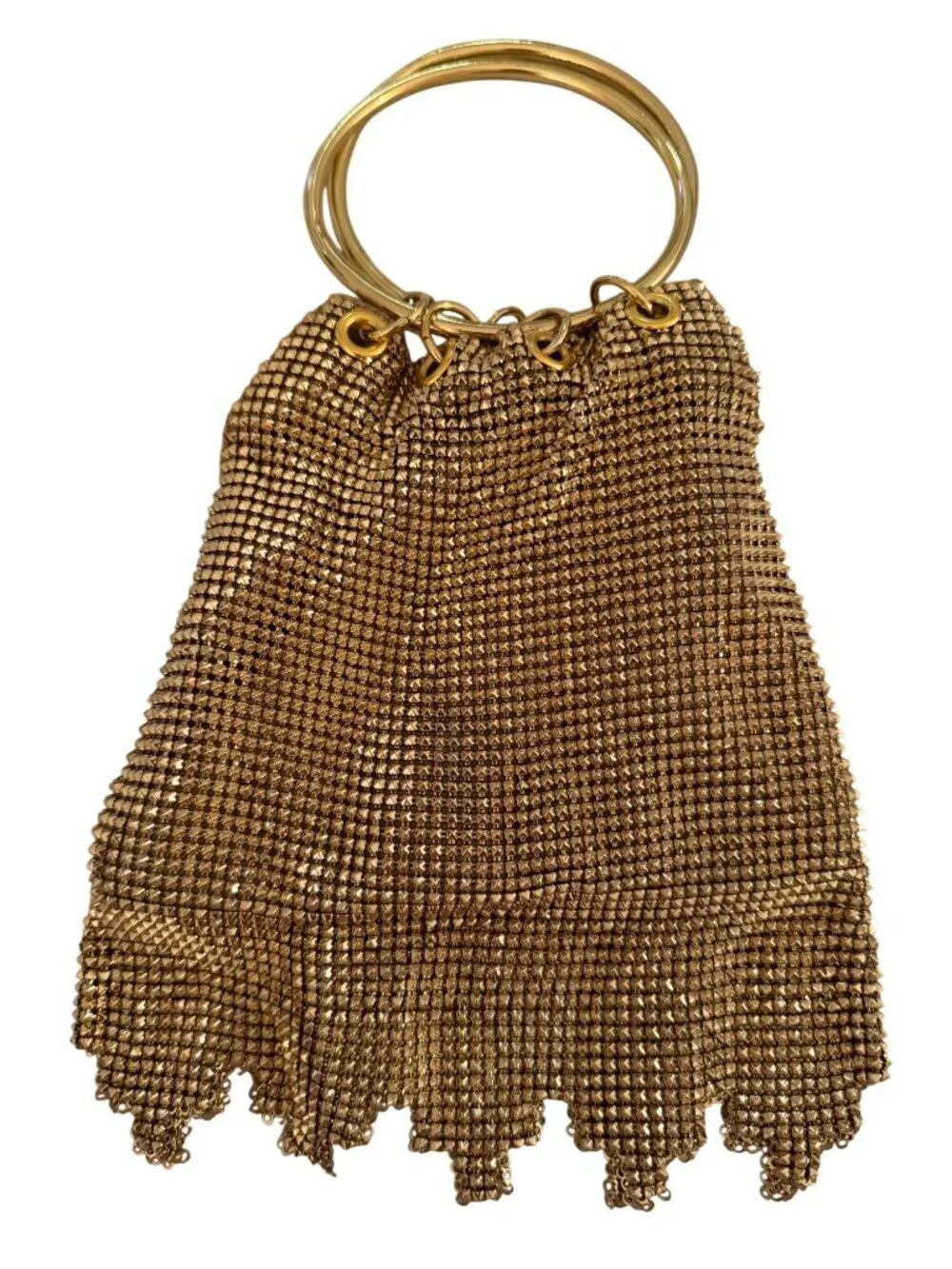 Whiting & Davis Womens Gold Mesh Evening Bag Ring Handles Ruffled Fringe Vintage